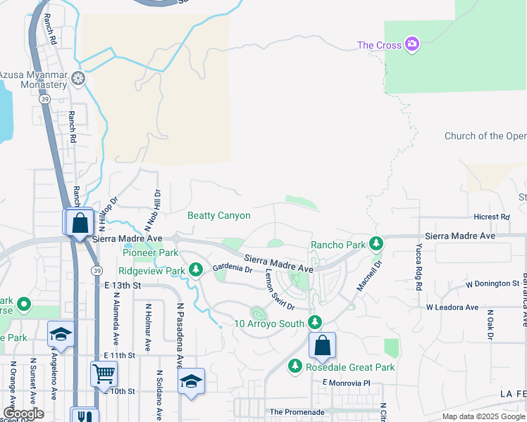 map of restaurants, bars, coffee shops, grocery stores, and more near 663 Orange Blossom Way in Glendora