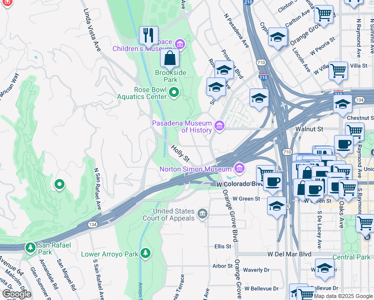 map of restaurants, bars, coffee shops, grocery stores, and more near 141 North Grand Avenue in Pasadena