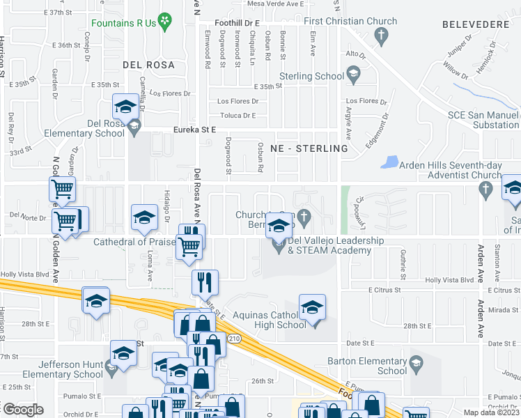 map of restaurants, bars, coffee shops, grocery stores, and more near 5823 Chiquita Lane in San Bernardino