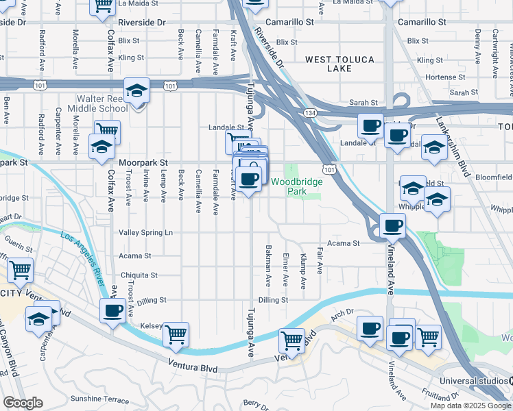 map of restaurants, bars, coffee shops, grocery stores, and more near 4312 Tujunga Avenue in Los Angeles