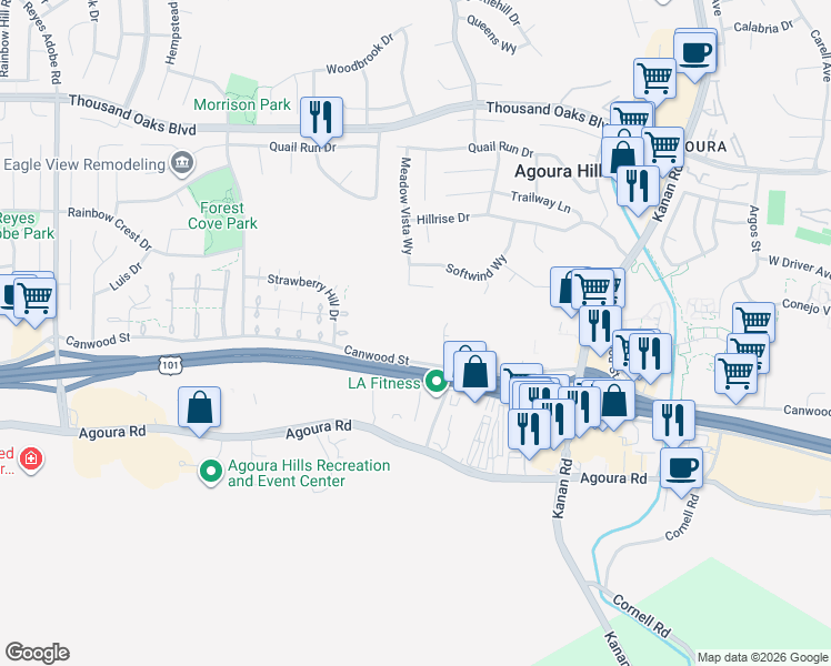 map of restaurants, bars, coffee shops, grocery stores, and more near 29525 Canwood Street in Agoura Hills