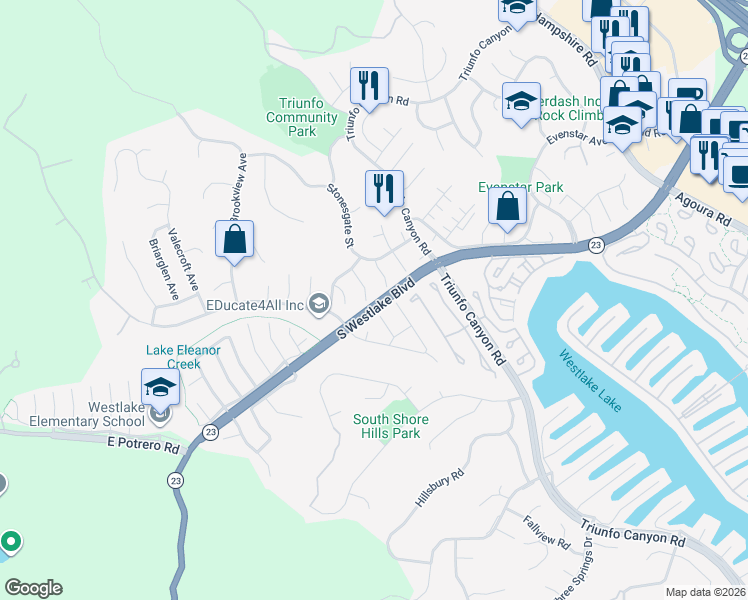 map of restaurants, bars, coffee shops, grocery stores, and more near 1288 Willowgreen Court in Westlake Village