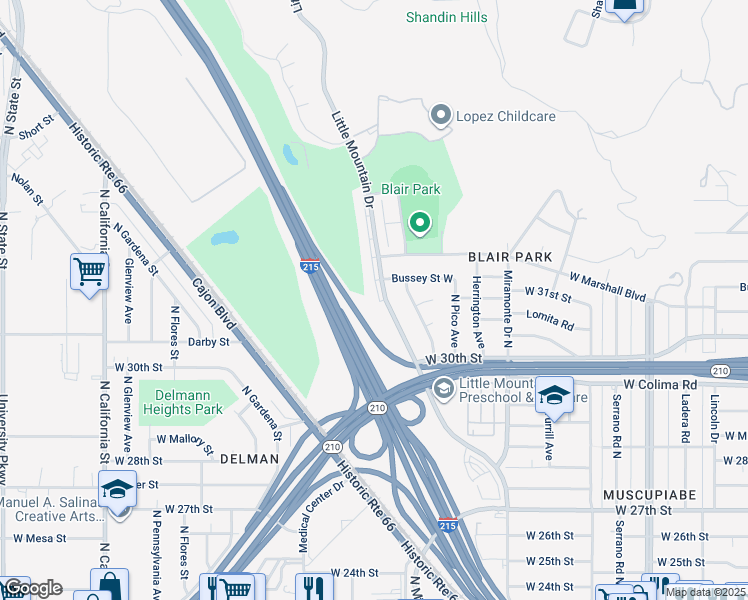map of restaurants, bars, coffee shops, grocery stores, and more near 3138 Little Mountain Drive in San Bernardino