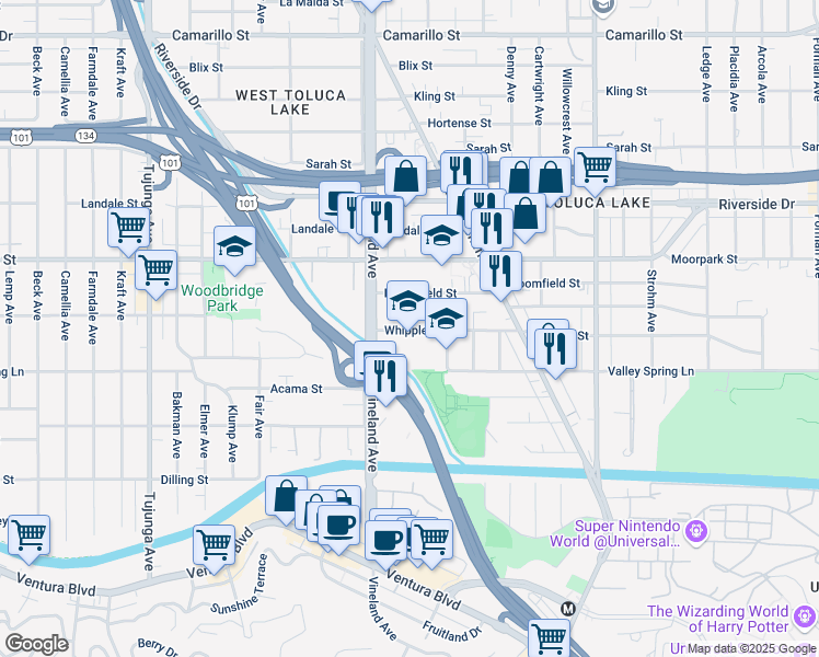 map of restaurants, bars, coffee shops, grocery stores, and more near 4296 Vineland Avenue in Los Angeles