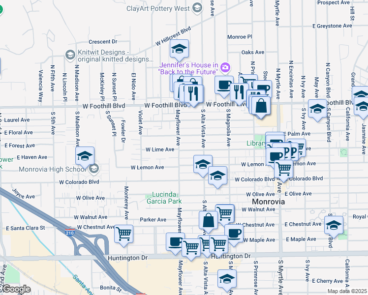 map of restaurants, bars, coffee shops, grocery stores, and more near 439 West Lime Avenue in Monrovia