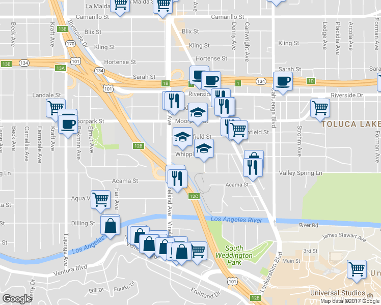 map of restaurants, bars, coffee shops, grocery stores, and more near 4235 Satsuma Avenue in Los Angeles
