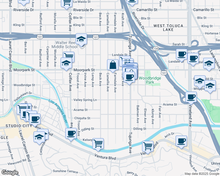 map of restaurants, bars, coffee shops, grocery stores, and more near 4324 Camellia Avenue in Los Angeles