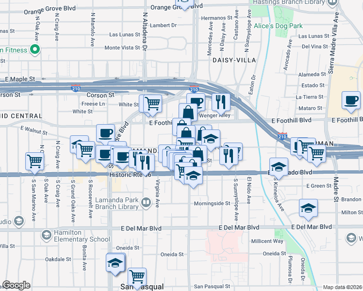 map of restaurants, bars, coffee shops, grocery stores, and more near 71 North San Gabriel Boulevard in Pasadena