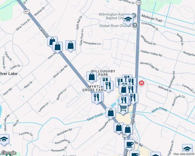 map of restaurants, bars, coffee shops, grocery stores, and more near 5119 Carolina Beach Rd in Wilmington