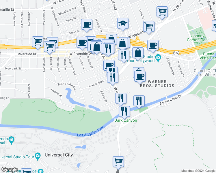map of restaurants, bars, coffee shops, grocery stores, and more near 4121 West Toluca Lake Avenue in Burbank