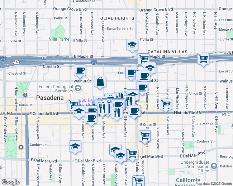 map of restaurants, bars, coffee shops, grocery stores, and more near 700 Union Street in Pasadena