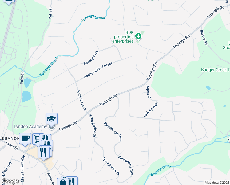 map of restaurants, bars, coffee shops, grocery stores, and more near 535 Toonigh Road in Woodstock