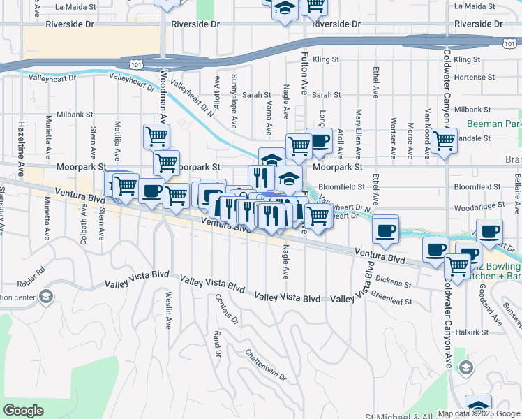 map of restaurants, bars, coffee shops, grocery stores, and more near 4223 Dixie Canyon Avenue in Los Angeles
