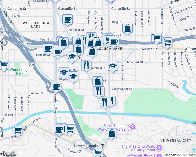 map of restaurants, bars, coffee shops, grocery stores, and more near 10652 Whipple Street in Los Angeles
