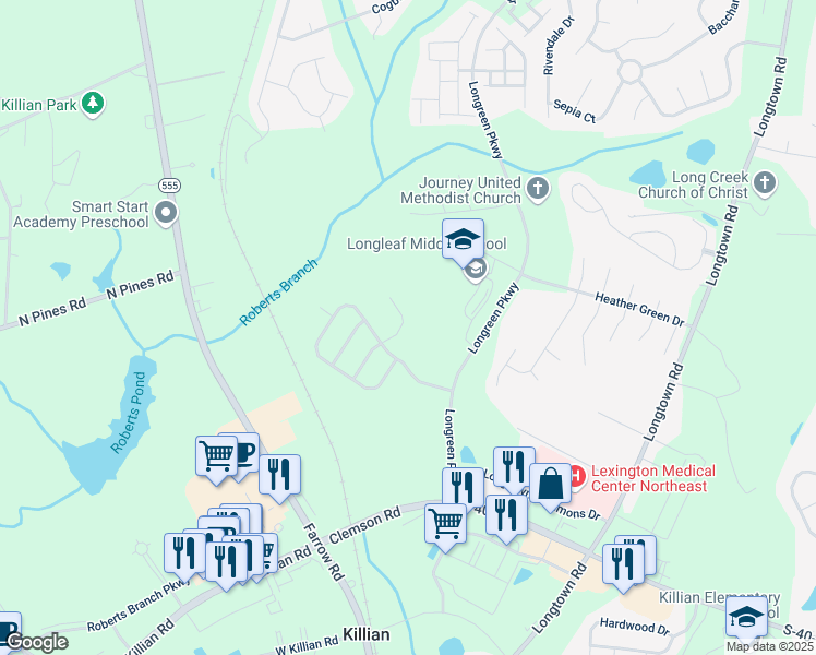 map of restaurants, bars, coffee shops, grocery stores, and more near 212 Casterton Drive East in Columbia
