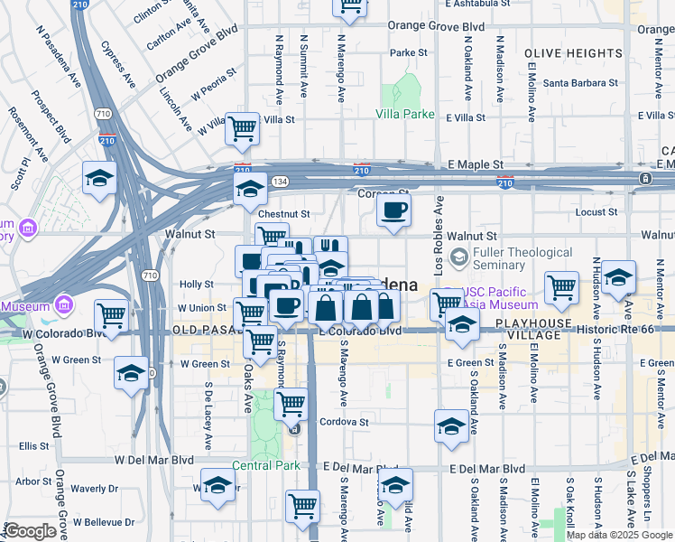 map of restaurants, bars, coffee shops, grocery stores, and more near 75 North Marengo Avenue in Pasadena