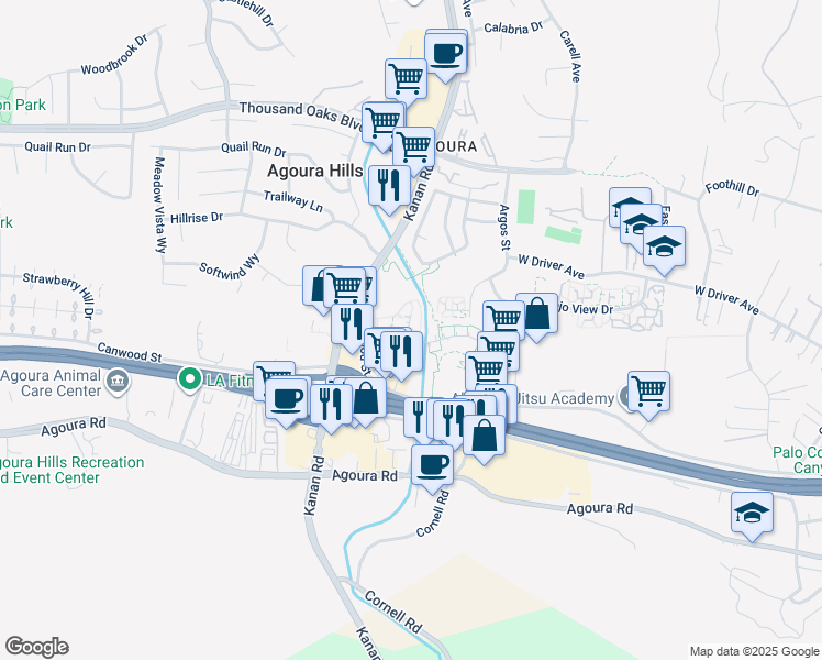 map of restaurants, bars, coffee shops, grocery stores, and more near 29128 Oak Creek Lane in Agoura Hills