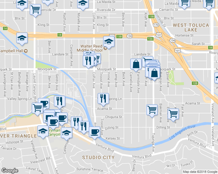 map of restaurants, bars, coffee shops, grocery stores, and more near 4326 Irvine Avenue in Los Angeles