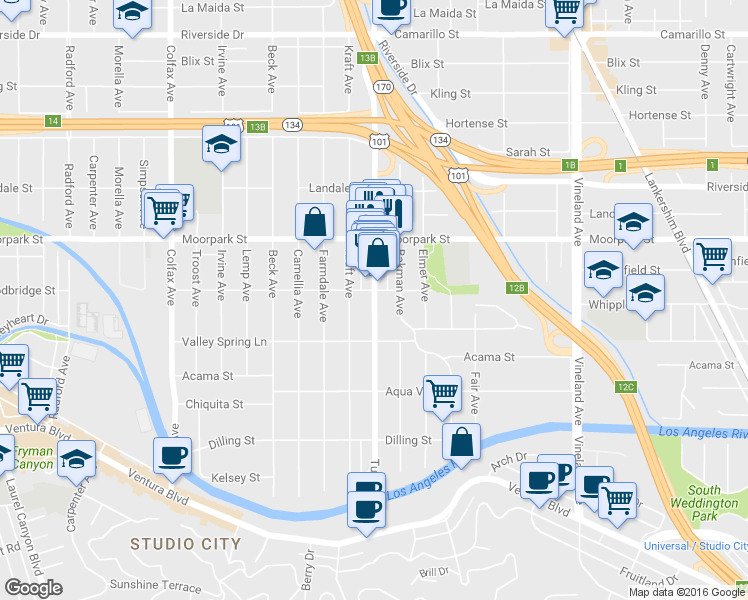 map of restaurants, bars, coffee shops, grocery stores, and more near 4315 Tujunga Avenue in Los Angeles