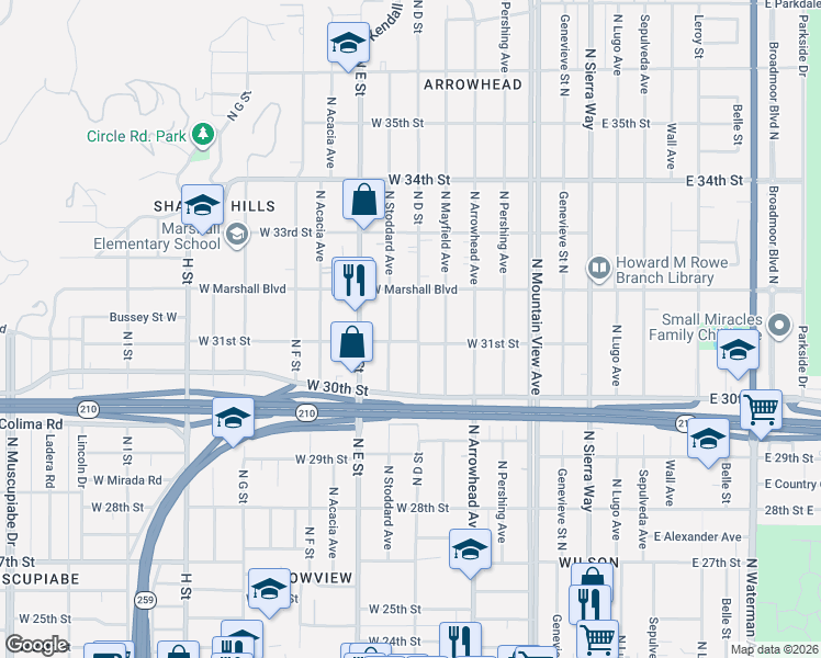 map of restaurants, bars, coffee shops, grocery stores, and more near 3087 North Stoddard Avenue in San Bernardino