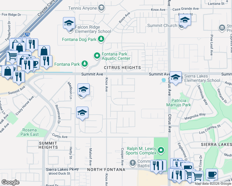 map of restaurants, bars, coffee shops, grocery stores, and more near 15767 Buck Point Lane in Fontana