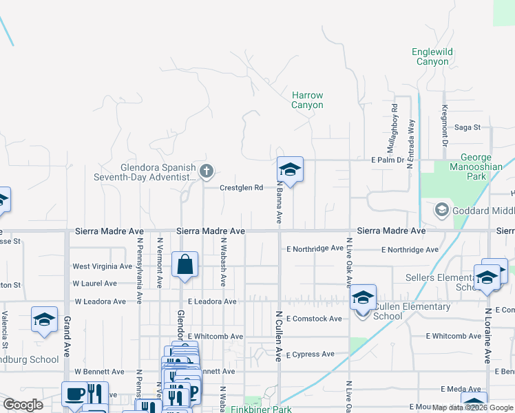map of restaurants, bars, coffee shops, grocery stores, and more near 419 Sierra Madre Avenue in Glendora