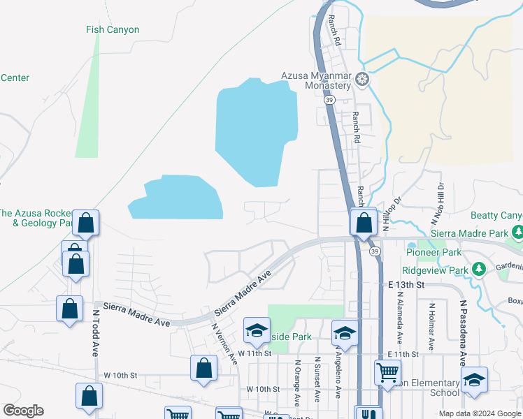 map of restaurants, bars, coffee shops, grocery stores, and more near 612 Hidden Valley Drive in Azusa