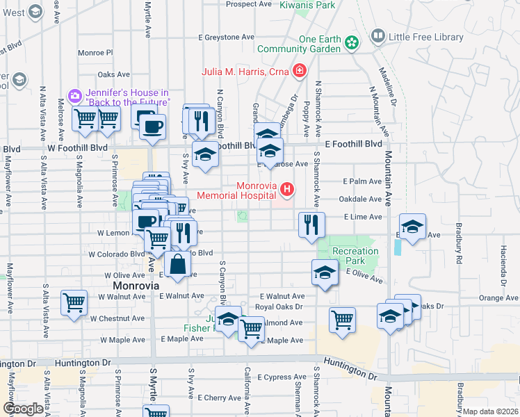 map of restaurants, bars, coffee shops, grocery stores, and more near 407 East Lemon Avenue in Monrovia