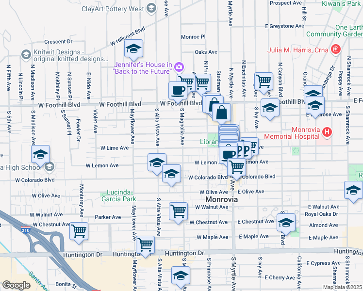 map of restaurants, bars, coffee shops, grocery stores, and more near 245 West Lemon Avenue in Monrovia