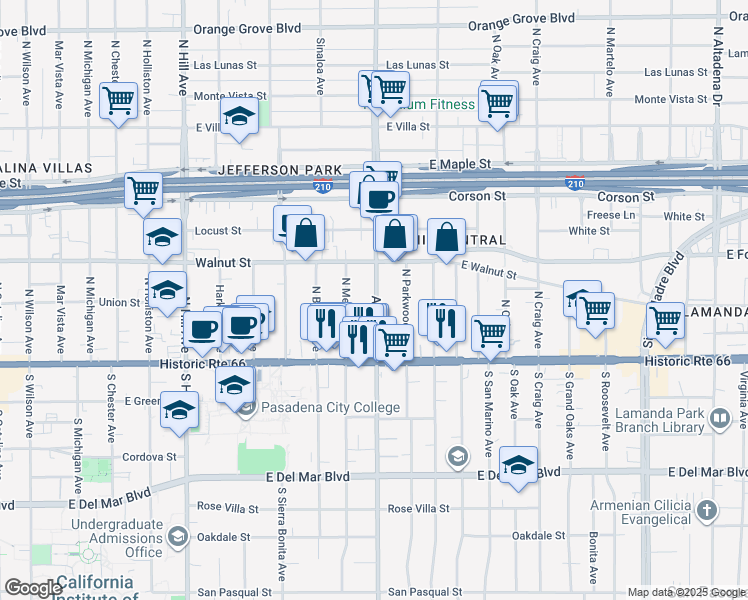 map of restaurants, bars, coffee shops, grocery stores, and more near 86 Allen Avenue in Pasadena