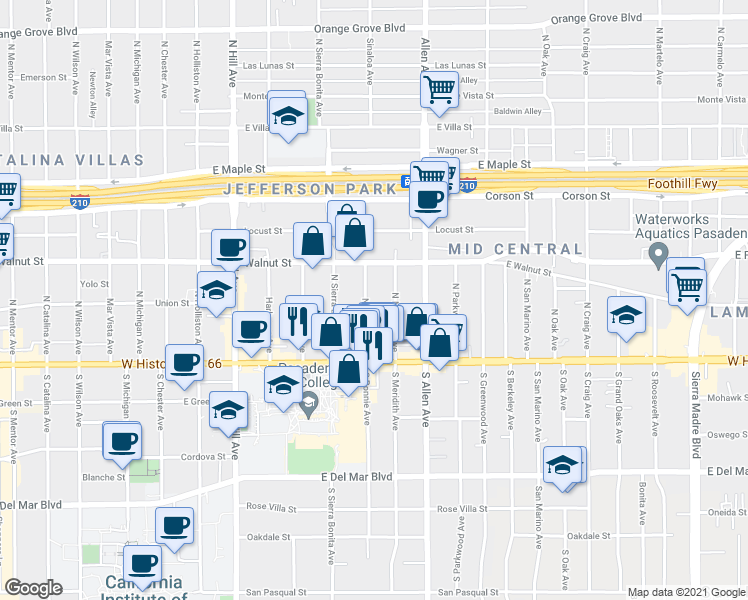 map of restaurants, bars, coffee shops, grocery stores, and more near 77 North Bonnie Avenue in Pasadena