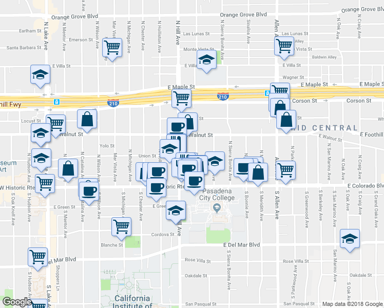 map of restaurants, bars, coffee shops, grocery stores, and more near 86 North Hill Avenue in Pasadena