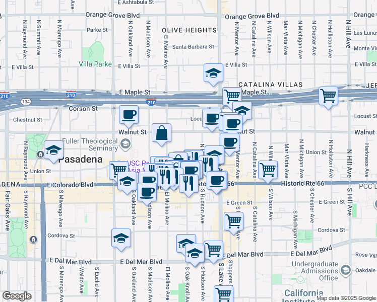 map of restaurants, bars, coffee shops, grocery stores, and more near 700 Union Street in Pasadena