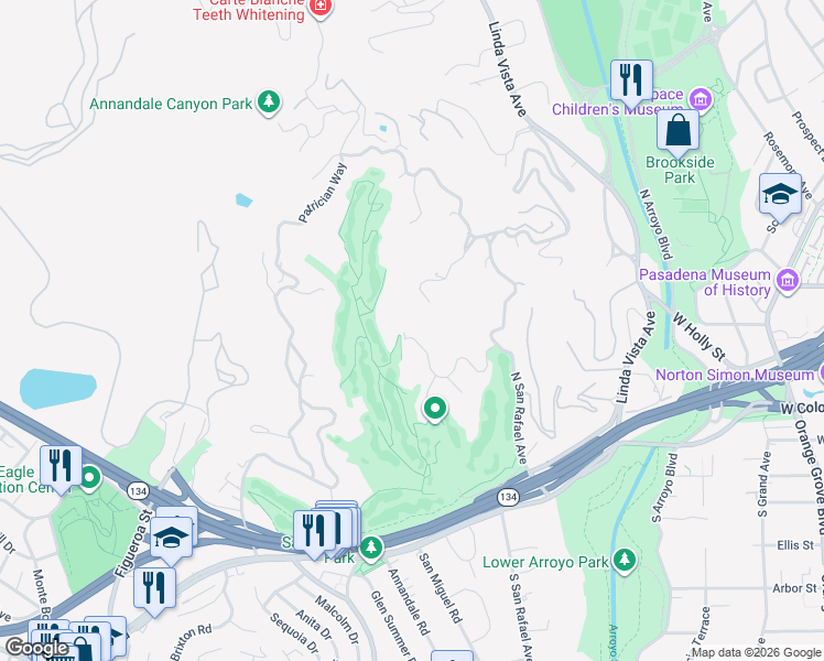 map of restaurants, bars, coffee shops, grocery stores, and more near 1240 Chateau Road in Pasadena