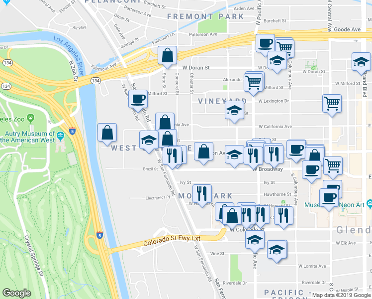 map of restaurants, bars, coffee shops, grocery stores, and more near 714 West Wilson Avenue in Glendale