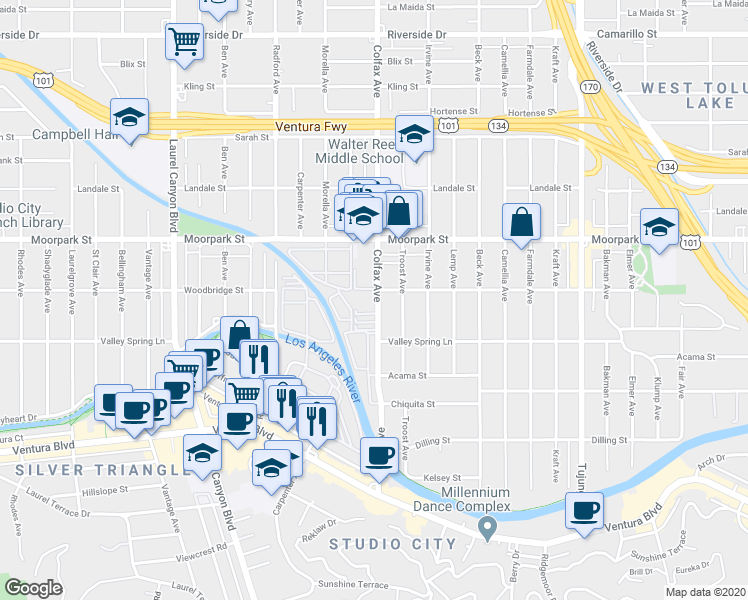 map of restaurants, bars, coffee shops, grocery stores, and more near 4294 Colfax Avenue in Los Angeles
