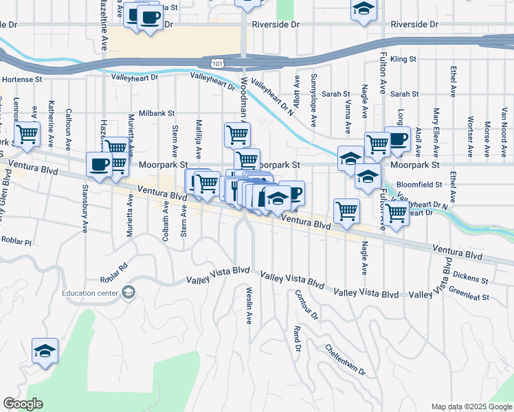 map of restaurants, bars, coffee shops, grocery stores, and more near 4236 Woodman Avenue in Los Angeles