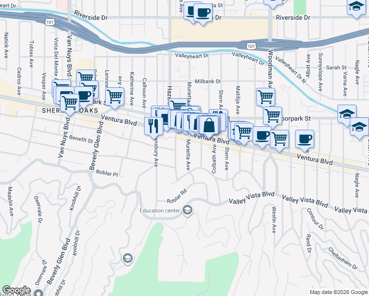 map of restaurants, bars, coffee shops, grocery stores, and more near 4237 Murietta Avenue in Los Angeles