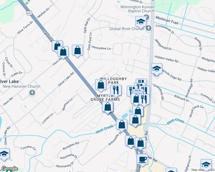 map of restaurants, bars, coffee shops, grocery stores, and more near 5119 Carolina Beach Rd in Wilmington