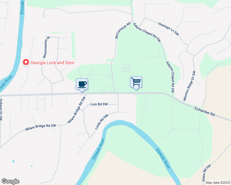map of restaurants, bars, coffee shops, grocery stores, and more near 780 Euharlee Road Southwest in Euharlee