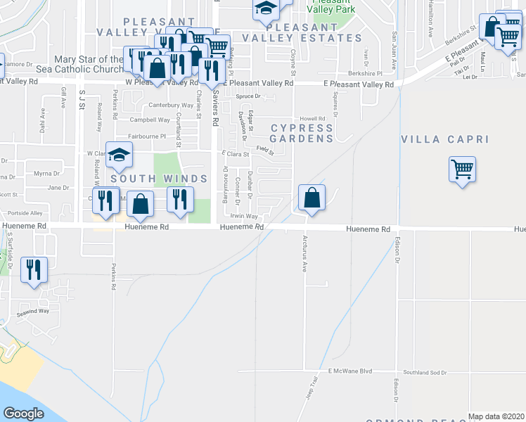 map of restaurants, bars, coffee shops, grocery stores, and more near 5559 Salvador Drive in Oxnard
