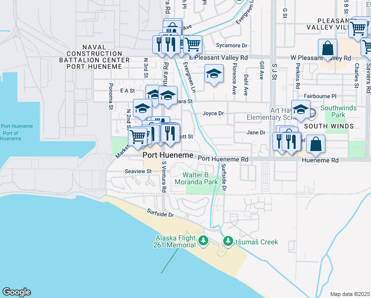 map of restaurants, bars, coffee shops, grocery stores, and more near 525 Shell Harbor Lane in Port Hueneme