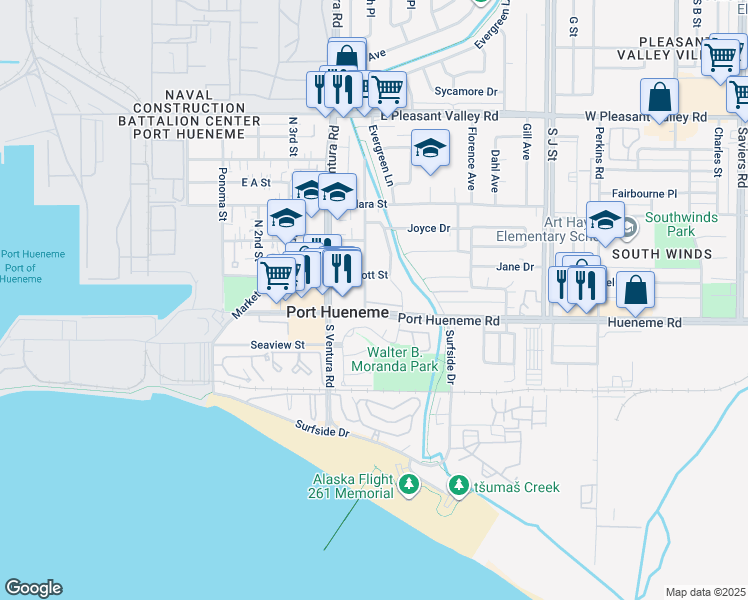 map of restaurants, bars, coffee shops, grocery stores, and more near 525 Shell Harbor Lane in Port Hueneme