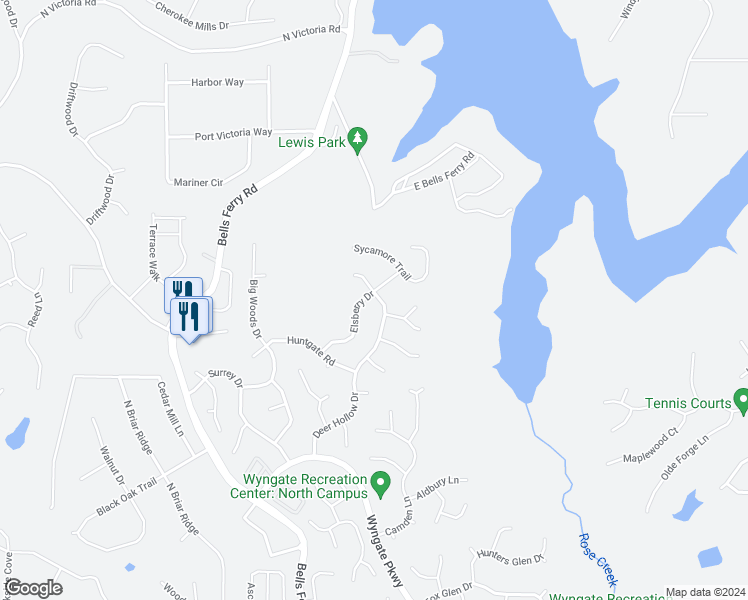map of restaurants, bars, coffee shops, grocery stores, and more near 1020 Elsberry Drive in Woodstock
