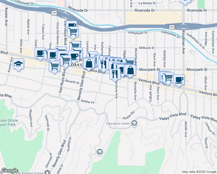 map of restaurants, bars, coffee shops, grocery stores, and more near 14223 Greenleaf Street in Los Angeles