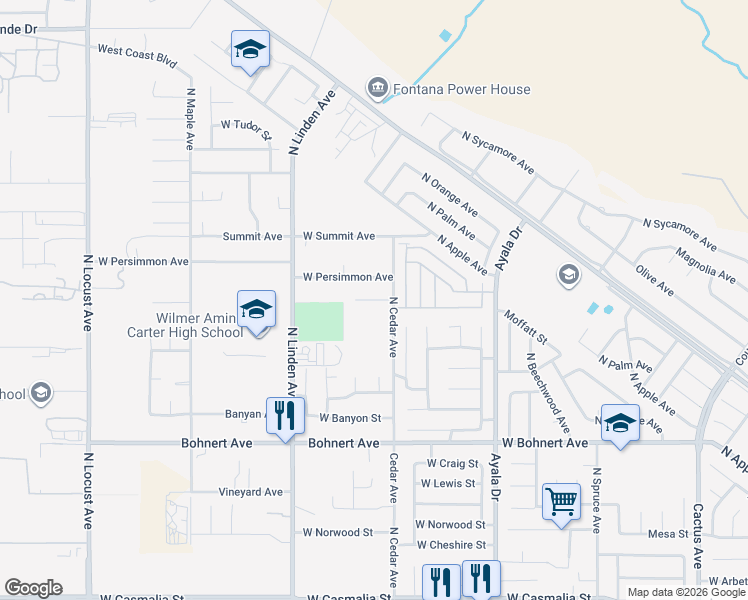 map of restaurants, bars, coffee shops, grocery stores, and more near 1388 Nicholas Court in Rialto