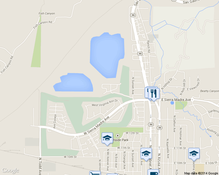 map of restaurants, bars, coffee shops, grocery stores, and more near 612 Hidden Valley Drive in Azusa