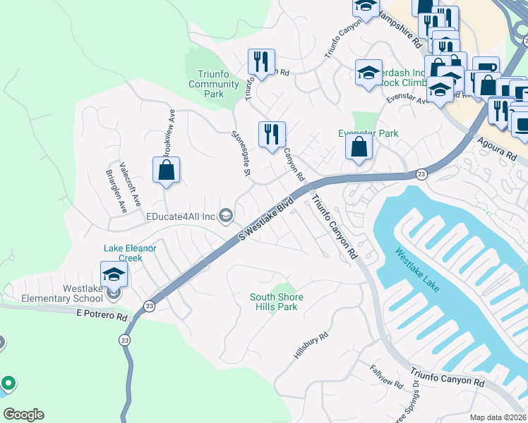map of restaurants, bars, coffee shops, grocery stores, and more near 1288 Willowgreen Court in Westlake Village