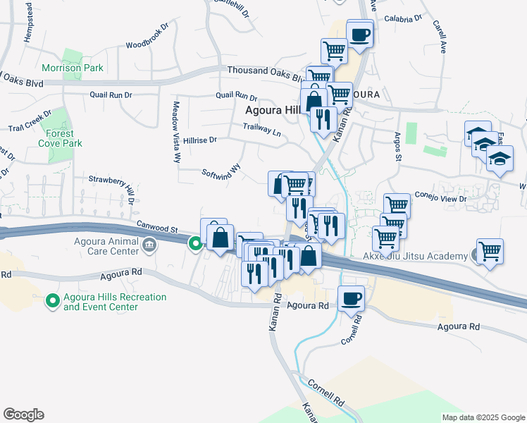 map of restaurants, bars, coffee shops, grocery stores, and more near 29219 Canwood Street in Agoura Hills