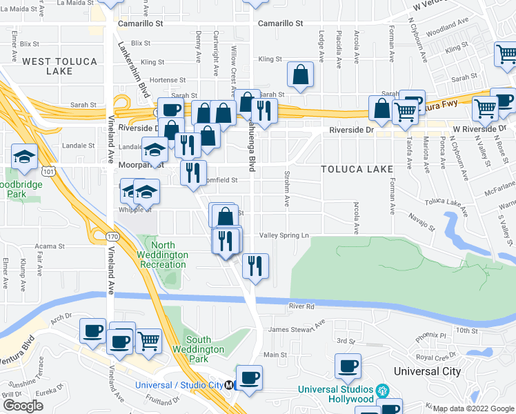 map of restaurants, bars, coffee shops, grocery stores, and more near 10530 Whipple Street in Los Angeles